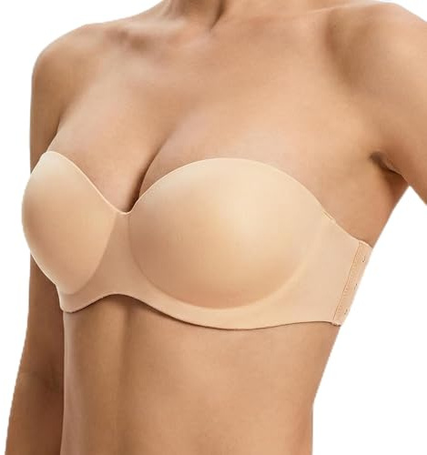 Zidoley Strapless Bras for Women, Seamless Bra, Non Wired Bra Soft Support, Bandeau Bra Wireless, Bralettes for Women with Convertible Back Straps (D) Beige