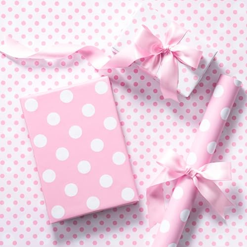 RUSPEPA Mini vändbart presentpapper med rosa och vita prickar – stora och små prickar – mjuk pastellton – för födelsedagar, babyshower, brudshower, vårfest – 43,2 cm x 5 m