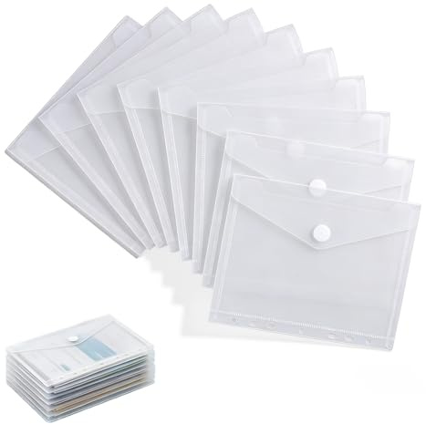Bolsa de plástico A5 transparente, lote de 10 archivadores con botón impermeable para viajes familiares de oficina (23 x 18 cm, 7 perforadas)