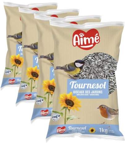 Aime - Nourriture pour Oiseaux - Graines pour Oiseaux du Ciel et de Jardin - Graines de Tournesol - Nourriture Respectueuse de l'environnement - Sac de 1 Kg (Lot de 4)