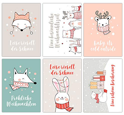 Papierdrachen Set de tarjetas navideñas - 12 postales bellamente diseñadas para Navidad - Impresión artística para enviar, decorar paquetes y coleccionar - Set de 14 amigos navideños