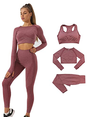 DONYKARRY 3Pcs Seamless Workout Outfit Set Fitness For Women, Gym Yoga Long Sleeve Tops Sports Bra And Trousers Jumpsuit Set
