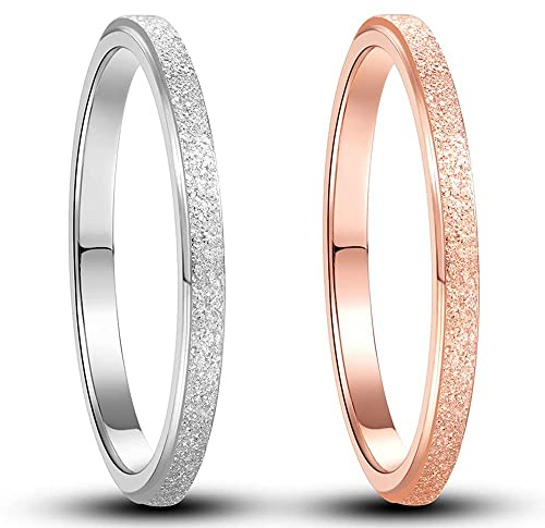 NUNCAD 2Pcs Stainless Steel Rings for Men Women Silver/Rose Gold Wedding Rings Set 2mm Engagement Rings Size J 1/2 to T 1/2