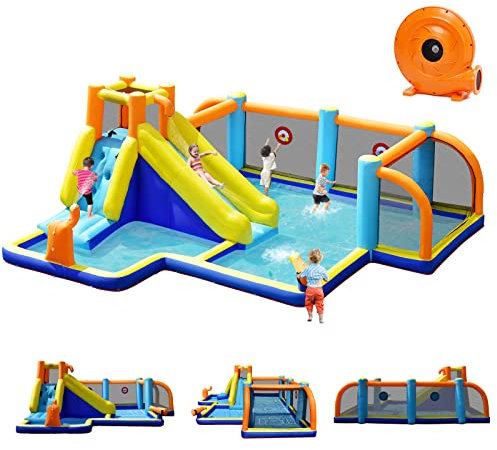 GOPLUS Château Gonflable avec Souffleur 680W,Structure Gonflable avec Toboggan Aquatique,Mur d’Escalade,Piscine,Terrain de Football Jeu de Fléchettes pour Enfants de 3-12 Ans 500x465x200cm