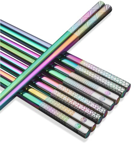 TIICOO Edelstahl-Essstäbchen Wiederverwendbar 18/8 Edelstahl lasergraviert Premium-Titan Spülmaschinenfest Metall-Essstäbchen Leicht Japanischer Stil 5 Paar Essstä bchen Geschenkset (Regenbogen)