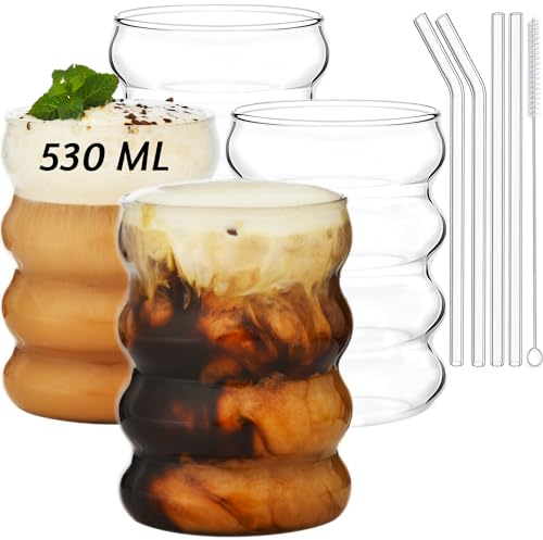 ALINK Juego de 4 vasos acanalados de tamaño grande con pajitas de cristal, 530 ml, vasos de café helado, vasos de agua, vasos largos para cóctel, agua, soda, regalo