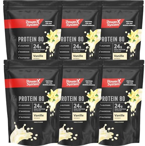 Protein 80 Vanille Eiweiß Pulver, 6 x 360g Protein Shake 24g Protein pro Portion glutenfrei mit Magnesium, L-Glutamin