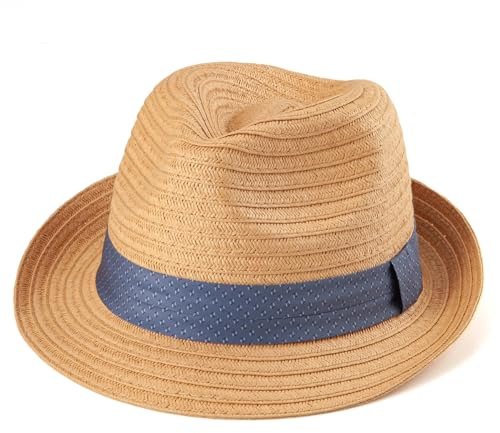 LADYBRO Khaki Straw Trilby Hat Men Summer Sun Fedoras Travel Beach Fashion Adjustable M/L, 7 1/4