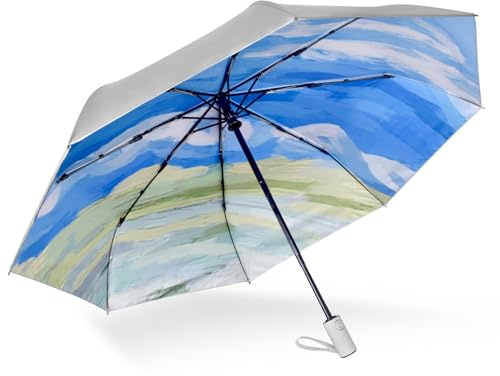 CUBY Paraguas de viaje plegable compacto para viajes, apertura y cierre automático, resistente al viento, a la lluvia y al 99,9% de protección UV, con revestimiento negro anti-UV (azul cielo)