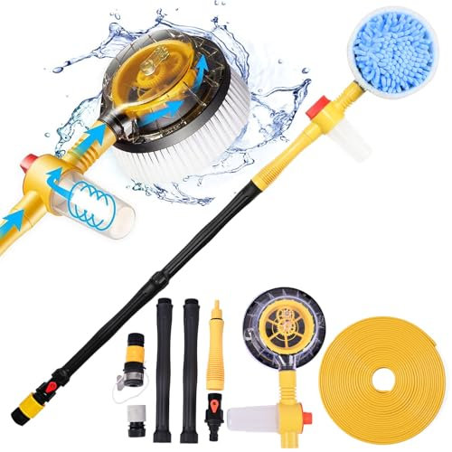 Bocguy Spazzola di lavaggio auto, spazzola telescopica, ruota automaticamente, spazzola di lavaggio con attacco acqua, funzione spray, strumento di pulizia ad alta pressione