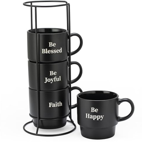 Signature Housewares Stackable Coffee Mug Tower Set with Metal Wire Rack - 15 Ounce Coffee Mugs for Coffee, Tea, Cocoa, Milk, Cappuccino, Hot Chocolate Set of 4 - Be Happy Matte Black