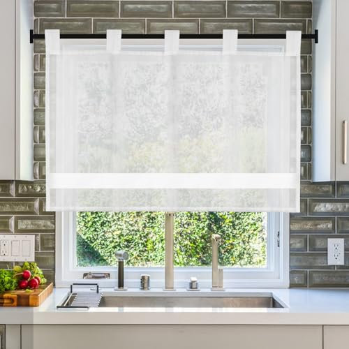 HWSWSH Tende Corta Semitrasparenti Interni 60 * 90cm Tenda Bianca Moderna con Tasca per Asta Tendina Corta per Finestra Piccola Camera da Letto Tende di Garza per Credenza Tenda Corta Cucina, Bianco