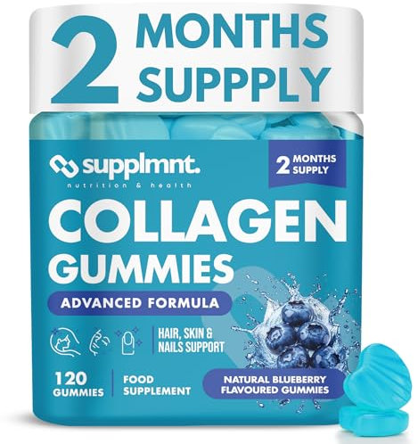 Supplmnt. Marine Collagen Gummies, Hydrolysed Collagen Peptides w/Biotin, Hyaluronic Acid & Vitamin C, Collagen Supplements for Women & Men, Collagen for Skin, Hair & Nails (One Size, Blueberry)
