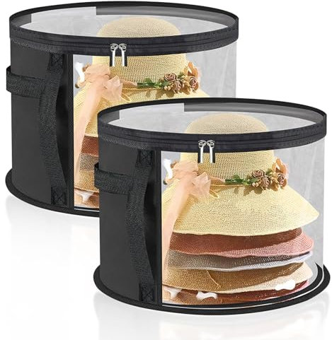 GGXDH Hutschachtel Rund mit Deckel, Faltbare Polyester Reise Hutbox mit Transparentes Fenster & Stabiler Griff, Stapelbar Hut Organizer Box für Schrank oder Reise, 42 * 26.5cm (Schwarz + Schwarz)
