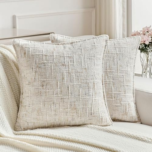 Ystyle Juego de 2 Fundas de Cojín 50x50cm Chenilla y Terciopelo, Fundas Decorativas Textura Tintura a Spray y Cremallera Corazón, Modernas Elegantes para Sofá Cama Salón, Crema