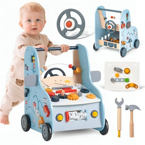 Gåvagn Trä Bil 2-I-1 Från 1 År Pojkar Flickor Motorik | Baby Walker Aktivitetsbord Multifunktionell Trä Push Roligt Lärande
