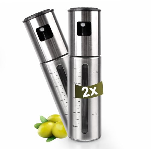 SINZONeu® Set 2x100ml Pulverizador Aceite Acero Inox,Frasco con Ventana Medidora, Nebulización Fina de Alta Presión,Estanco & Desmontable Fácil