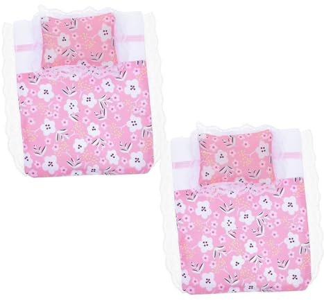 PERSELOSO 2set Dollhouse Bedding Set Double Bed Pillow for Dolls House Kit Miniature Bedding Decor