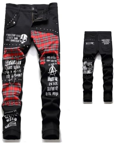 Herrjeans i töjbar denim med stjärntryck, slitna och uppvikta vintagejeans,D,38