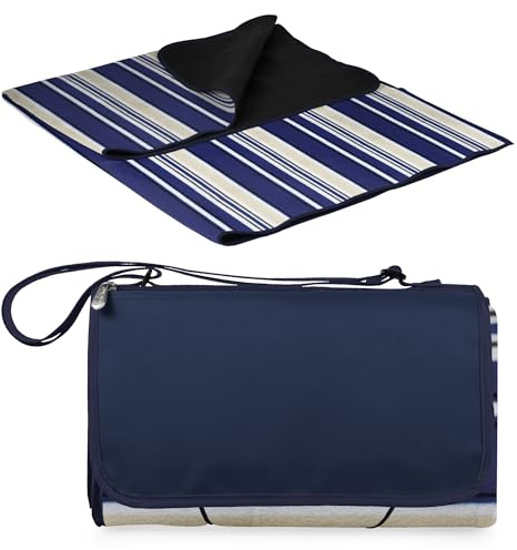 ONIVA Blanket Tote XL Outdoor Picnic Blanket, 70x80 Foldable Beach Blanket with Fleece Top, Water-Resistant Backing, Strap & Pocket, Portable Mat for 4-5 People by Picnic Time (Blue Stripe/Navy Flap)