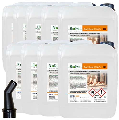 BioFair Bioethanol - 100% Reiner Brennstoff - Bioethanol für Bioethanolkamin, Ethanol Tischkamin, Wandkamin Indoor - 9 x 10 Liter