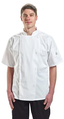 Mercer Culinary M61012WHXS Genesis Men's Short Sleeve Chef Jacket with Traditional Buttons, X-Small, White