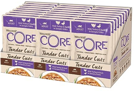 Wellness Core Tender Cuts, kalkon och anka, 24 x 85 g, våtfoder för vuxna katter i sås, utan tillsats av socker, spannmålsfri, med hög kötthalt