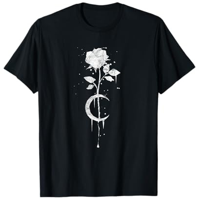 Vintage Occult Moon Rose Geschenk Mond ORIGINAL Occult Motiv Retro Gothic T-Shirt Damen, Erwachsene Unisex Kurzarm Klassische Passform Crew-Ausschnitt Schwarz M