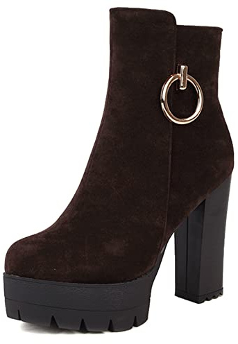 Lroey Reoly Botines Mujer Tacón Ancho, Botines de Vestir Moda Zip Botines Tacón Alto Punta Rojoonda Plataforma Botas 405 Marrón Talla 39 EU