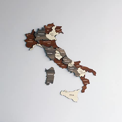 Colorfull Worlds Mappa 3D in legno multistrato dell'Italia, regalo per amici italiani, decorazione da parete in legno, mappa per casa, cucina o ufficio (misto, 60 x 51 cm)