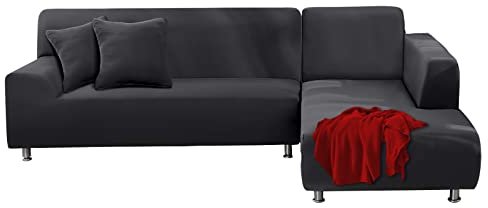 FIGOOO Sofabezug Ecksofa L Form Links Rechts Stretch Sofa Überwürfe 2er mit 2 Stück Kissenbezug Abnehmbarer Universal Elastische Couchbezug Sofahusse L Shaped (2 Sitzer+3 Sitzer,Dunkelgrau)