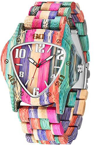 Tiong Orologio da Uomo in Legno di Bambù Fatto a Mano, Orologio in Legno di Bambù Colorato, Orologio al Quarzo Analogico da Polso, Retrò