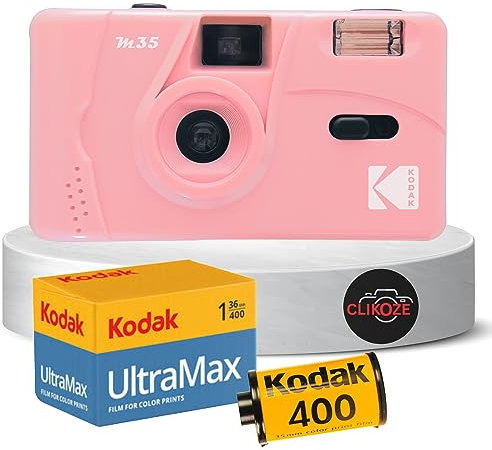 Reusable Film Camera Bundle includes Kodak M35 35mm Film Camera, Kodak 35mm film 36 exposures and Clikoze Tips Card (Pink)