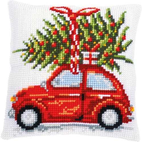 VERVACO Kit Cuscino Punto Croce AUTOMOBILE DI NATALE Set Ricamo Principianti Cuscini Gobelin Decorativi ca. 40 x 40 cm Accessori Per Lavoretti Creativi DIY Casa Decor Hobby Adulti Cross Stitch