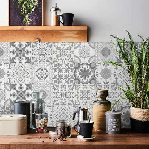 20pcs Grey Moroccan Tile Stickers, Kitchen Bathroom Wall Tile Stickers Peel and Stick on Tile Transfers Covers Decals Self Adhesive Vinyl Waterproof Victorian Vintage Mosaic (15cm x 15cm, 6x6 inches)