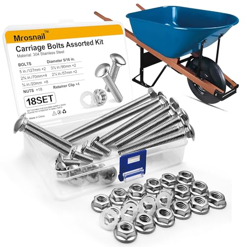 Mrosnail Wheelbarrow Carriage Bolts and Nuts Kit,Stainless Steel Carriage Bolts 5/16-18 5”,3-1/2”,2-3/4”,2-1/4”,3/4”,Flange Hex Nuts,Nylon Retainer Clips,Wheelbarrow Handles Replacement Parts,18Sets
