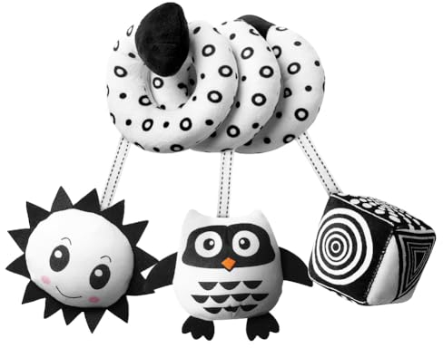 Aolso Kinderwagen Spielzeug, Baby Activity-Spirale Kette, schwarz-weißes Spielzeug, Baby-Hängespielzeug, Stoff-Spirale zum Greifen und Fühlen Mit Glocke Spielzeug (Eule)