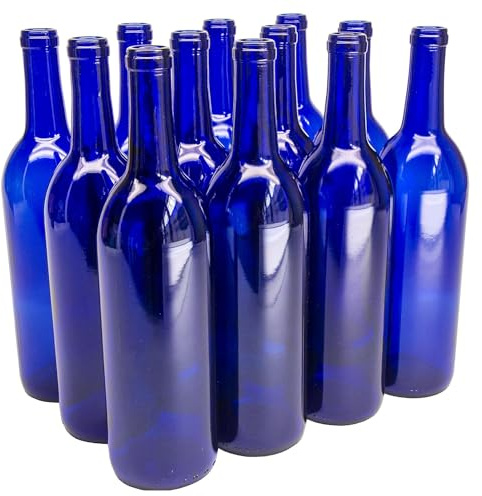 North Mountain Supply 750ml Glass Bordeaux Wine Bottle Flat-Bottomed Cork Finish - Case of 12 - Cobalt Blue