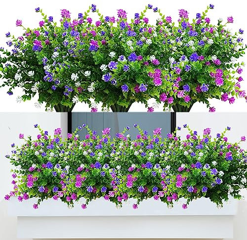 Kinisty 8 Bundles Fake Flowers Outdoor Artificial Plants and Flowers, Plastic Greenery Faux Shrubs Plants for Outside Garden Window Boxes Hanging Baskets Decorations