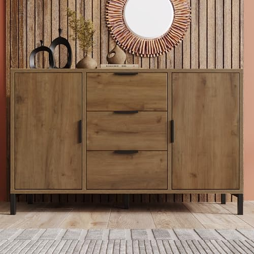 BTM Dark Oak Sideboard Cabinet for Living Room, Bedroom Chest of Drawers with 2 Doors and 3 Drawers & Adjustable Shelf, 40D x 120W x 76H CM