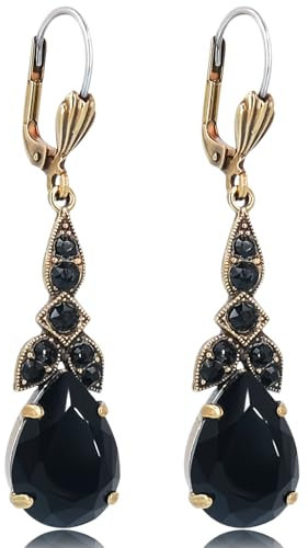 Jugendstil Ohrhänger Gold Schwarz Marken Kristalle Tropfen NOBEL SCHMUCK