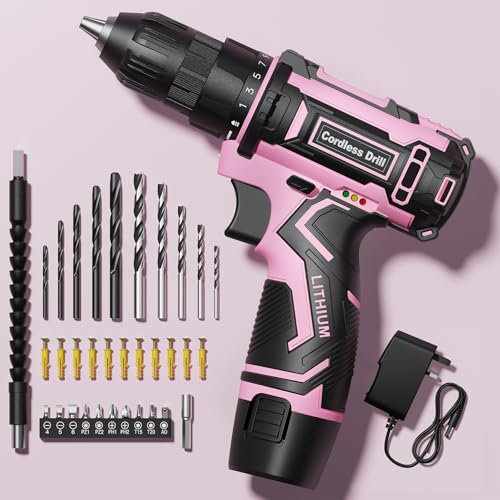 Cordless Drill, 12V Light Electric Screwdriver Driver, Power Mini Combi Drill and Screwdriver Set with 2000mAh Battery, 3/8 Keyless Chuck, 42 Pcs Accessories, Small Hand Drills Driver DIY Tools Pink