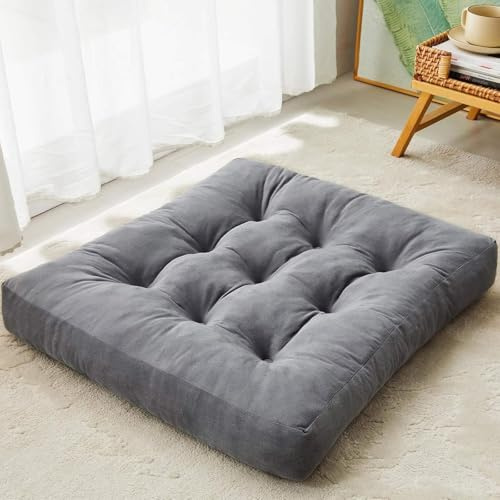DAWNTREES Floor Pillow, 55x55 cm Seating for Adults, Grey | Plush Tufted Seat Pillow for Meditation, Yoga, Lounge & Floor Sitting, Tufted Corduroy