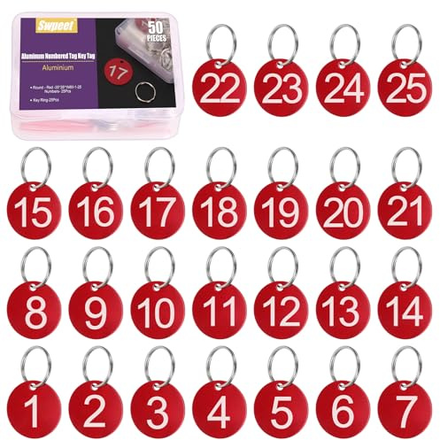 Swpeet 50pcs 1-25 nummer röd rund aluminiumnummer taggar med nyckelringar sortiment kit, metall nyckelring tag med nyckelringar numrerade nyckel taggar ID-tag för kodning, dekoration
