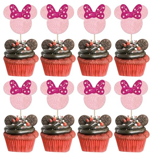 24 Stück Maus Inspiriert Tortendeko Glitzer Maus Cupcake Toppers Geburtstag Kuchen Deko mit Schleife für Baby Dusche Kinder Geburtstag Party Kuchen Dekorationen Rosa Roserot