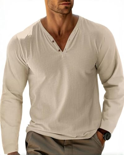 LAOARA T-Shirt Homme Henley à Manches Longues Col Boutonné Teeshirt