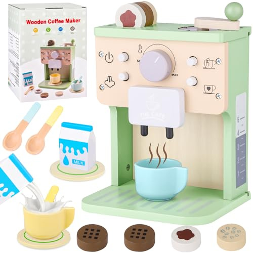 Teoryieer Macchina Caffè Giocattolo, Macchina da Caffè in Legno per Bambini , Set Cibo Finto Giocattolo per Cucina Bambini, Regali per Compleanni,Halloween,Natale per bambini dai 3/4/5 anni (Verde)