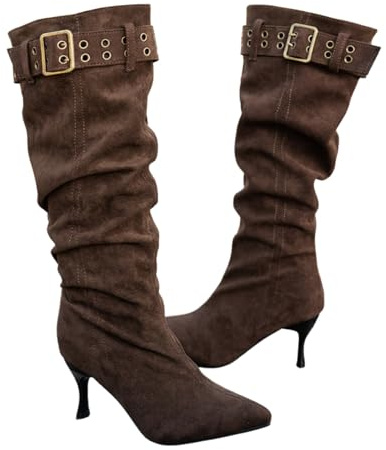 LDXEQIZ Bottes Hautes À Talons Hauts for Femme Bottes Longues Tendance À Bout Pointu Chaussures À Enfiler À Tige Large avec Boucle Automne-Hiver Escarpins en Daim for Soirées(Brown,43 EU)