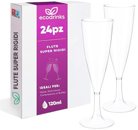 ecodrinks Set 24 Flute Plastica Dura da 120ml, Riutilizzabili, Trasparenti - Calici Infrangibili con Bordo Arrotondato Comfort-Feel - Eleganti Bicchieri per Prosecco, Champagne e Cocktail