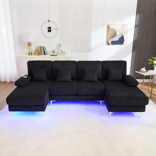 FammyLoft U-Sofa mit LED Ambientebeleuchtung, Ecksofa mit Schlaffunktion, Sofa Bed mit 4 Luxuriöse Kissen, Ergonomische Schlafcouch, für Wohnzimmer/Schlafzimmer, Massivholzrahmen, 265cm, Schwarz